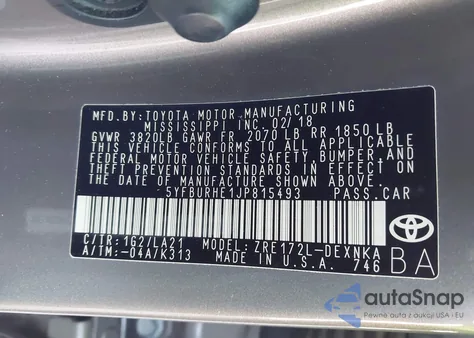 2018 Toyota Corolla Xle из США, поврежденный, VIN 5YFBURHE1JP815493